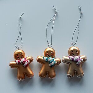 Gingerbread Men Scarves Glitter Christmas Tree Ornaments Set of 3 Metallic 2"